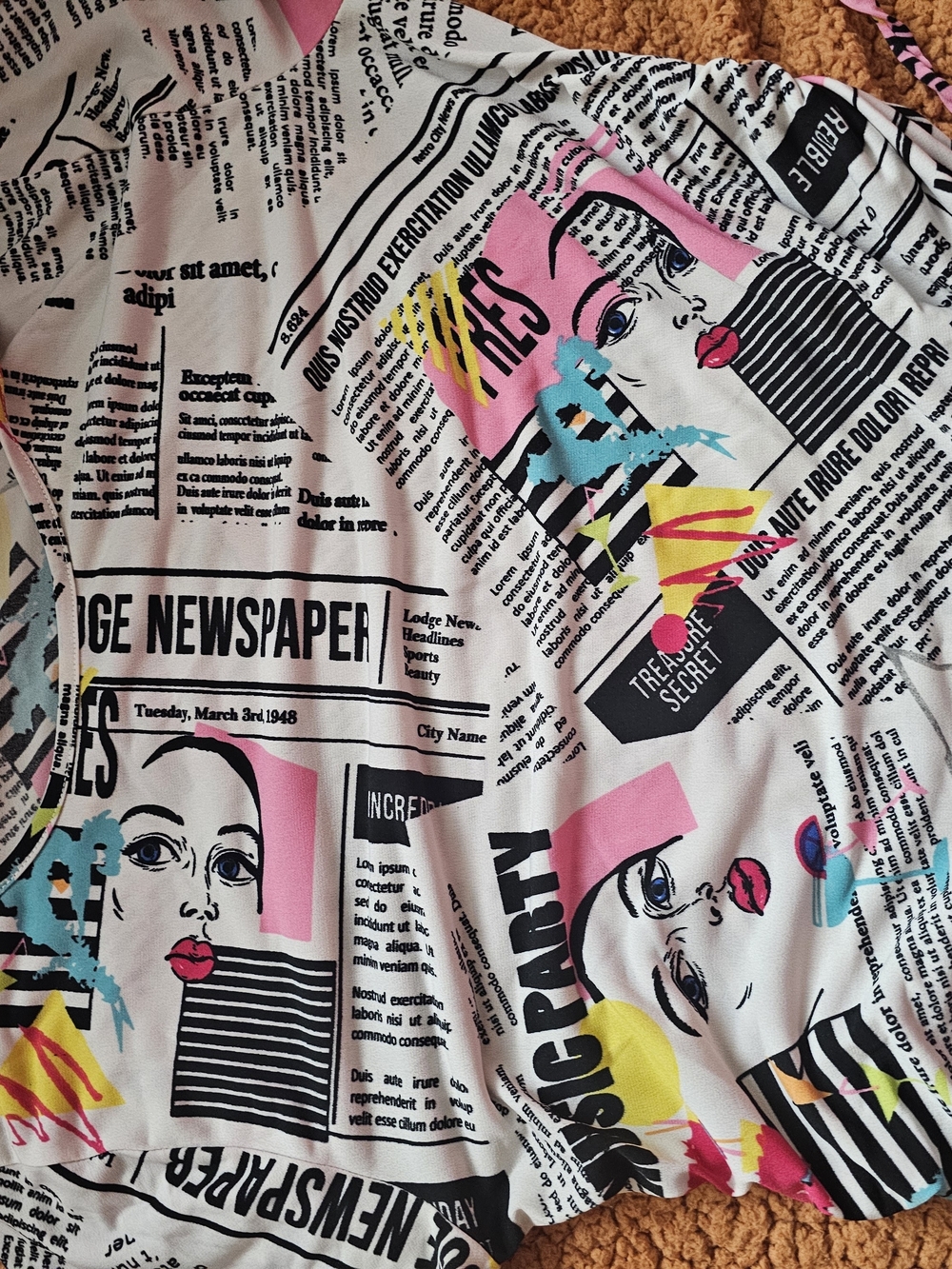 Graphic Newspaper Print Top with Pink & Yellow Accents